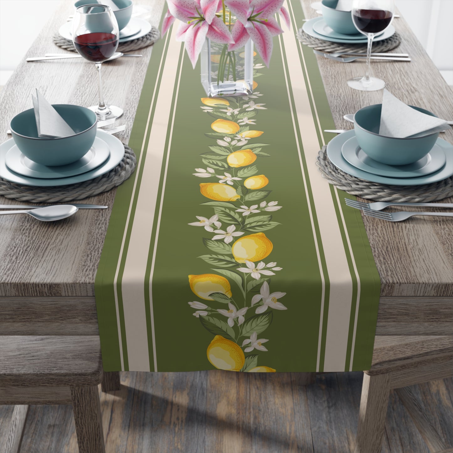 Lemon grove table runner styled on a wood dining table, alternate width view