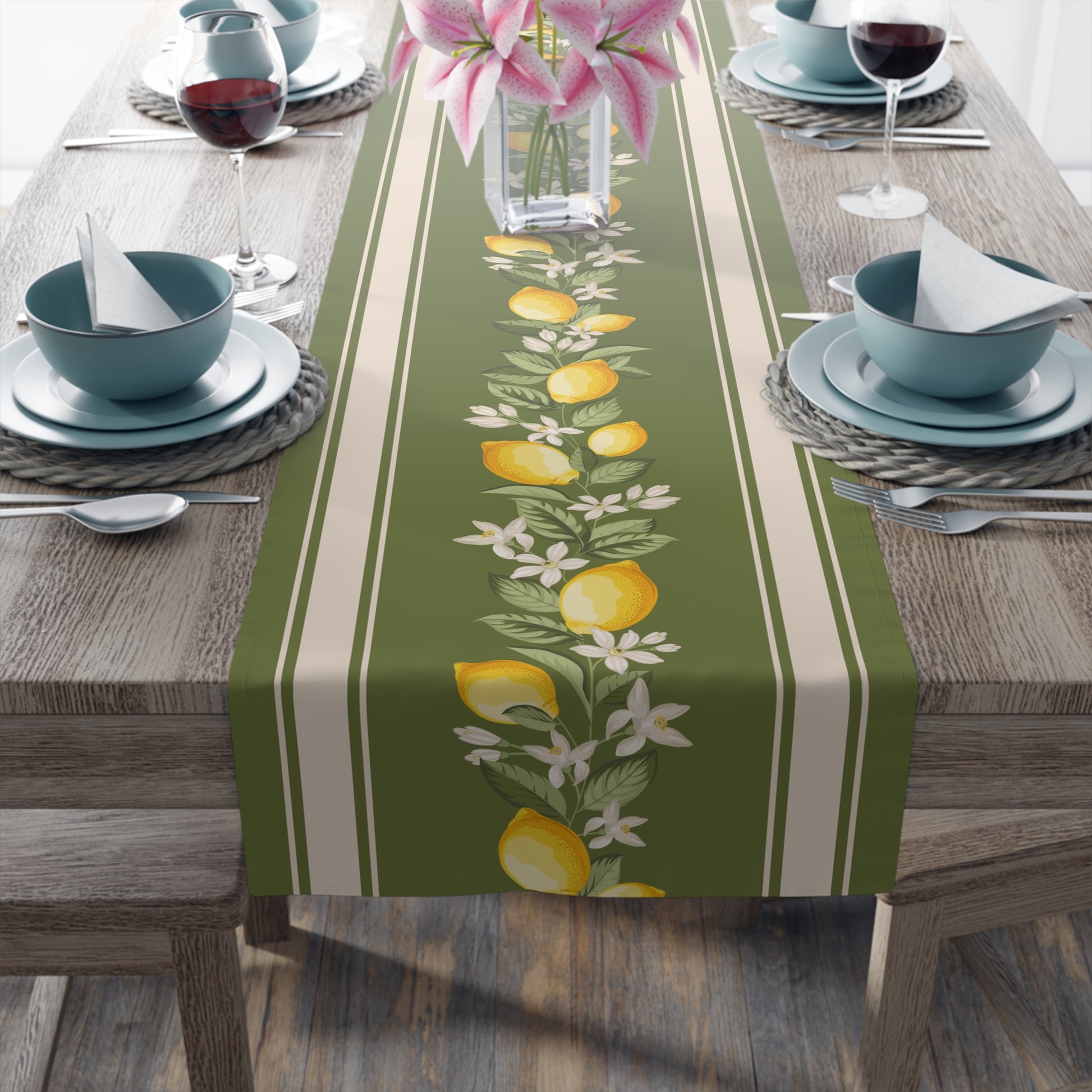 Lemon grove table runner styled on a wood dining table, alternate width view
