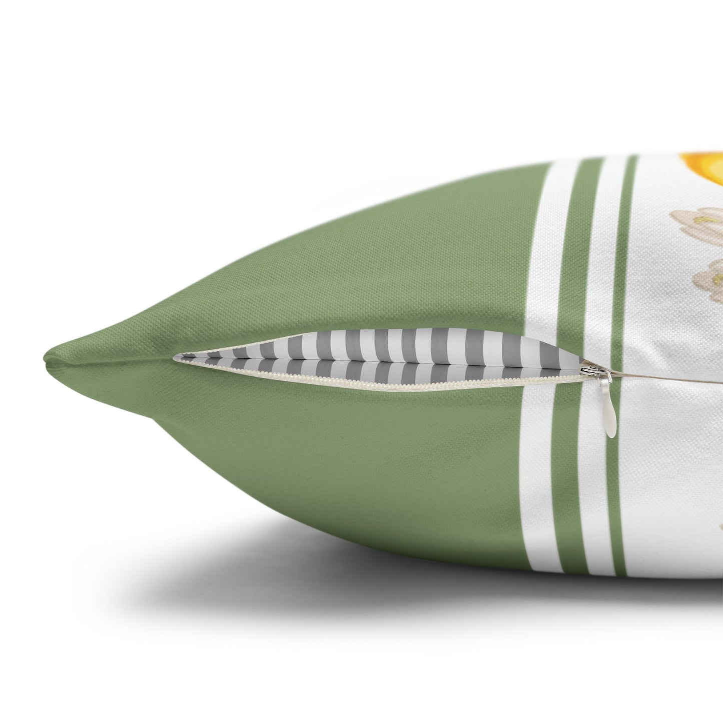 Close-up of the concealed zipper and striped reverse on a lemon stripe pillow cover