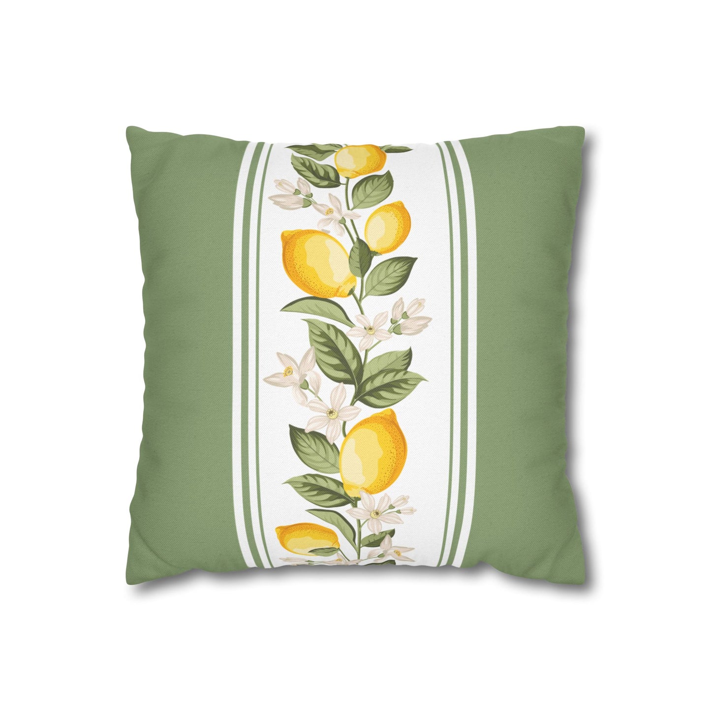 Green lemon stripe pillow cover with vertical citrus botanical panel