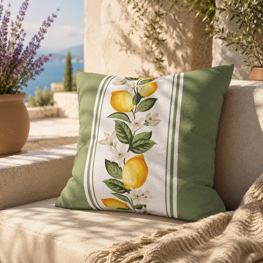 Lemon stripe pillow cover styled on a sunlit Mediterranean sofa