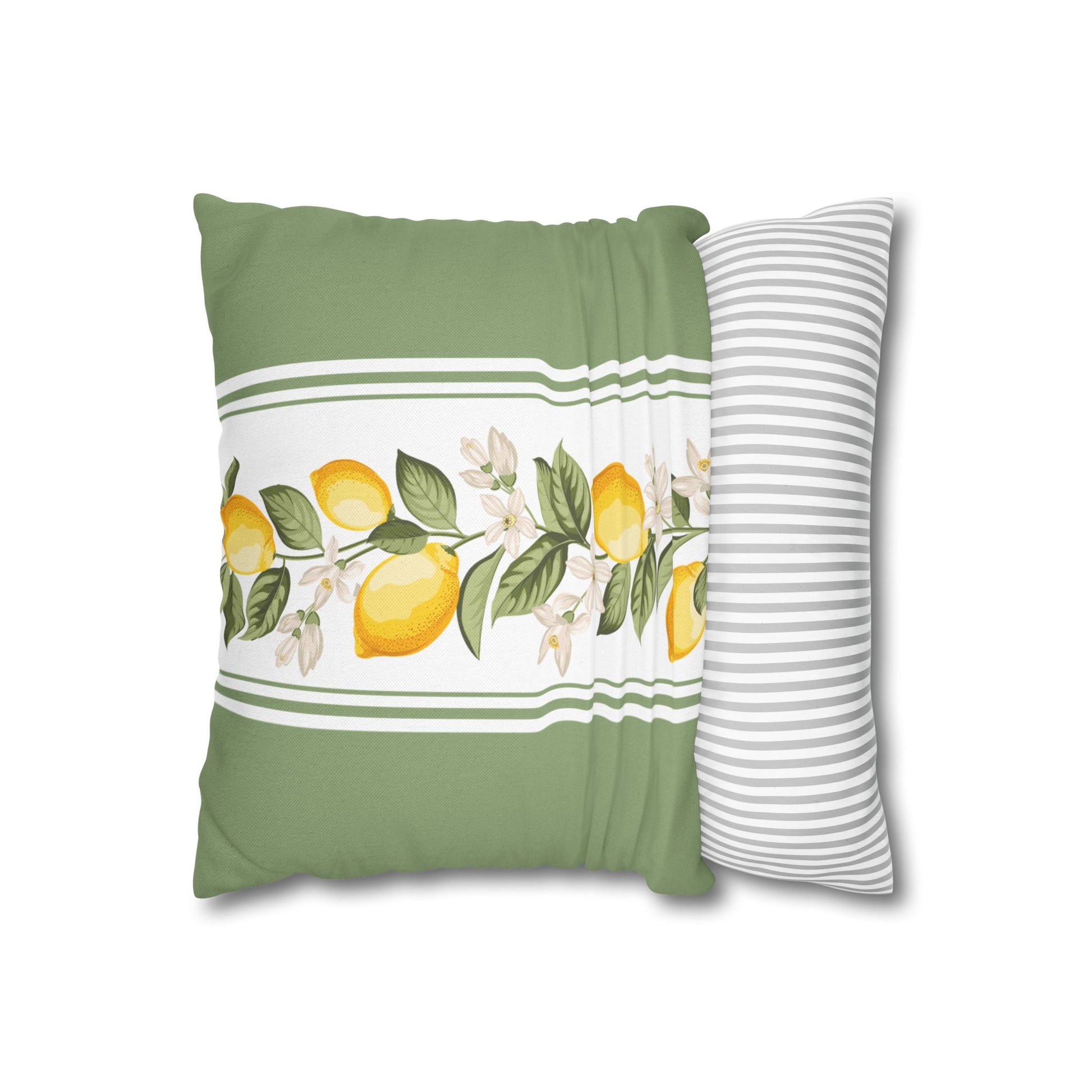Two-sided lemon stripe pillow cover with citrus panel front and striped reverse
