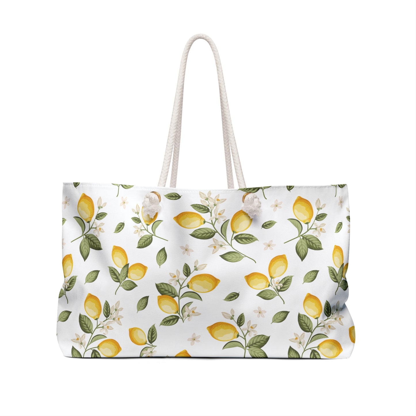 Close-up front view of the lemon print weekender bag showing yellow citrus fruits, green leaves, and rope handles