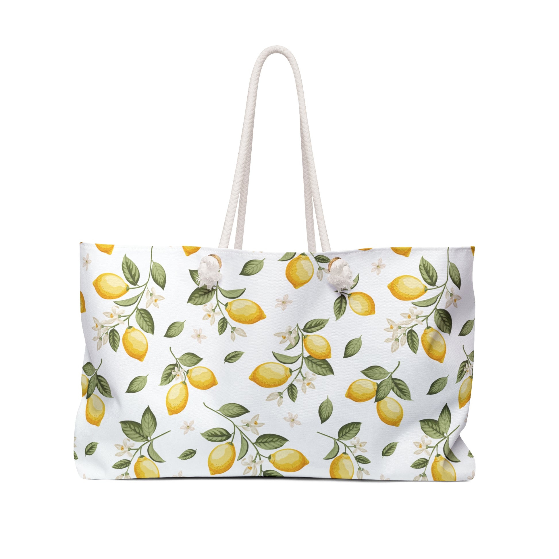 White weekender tote bag with a botanical lemon and leaf pattern and rope handles, full front view