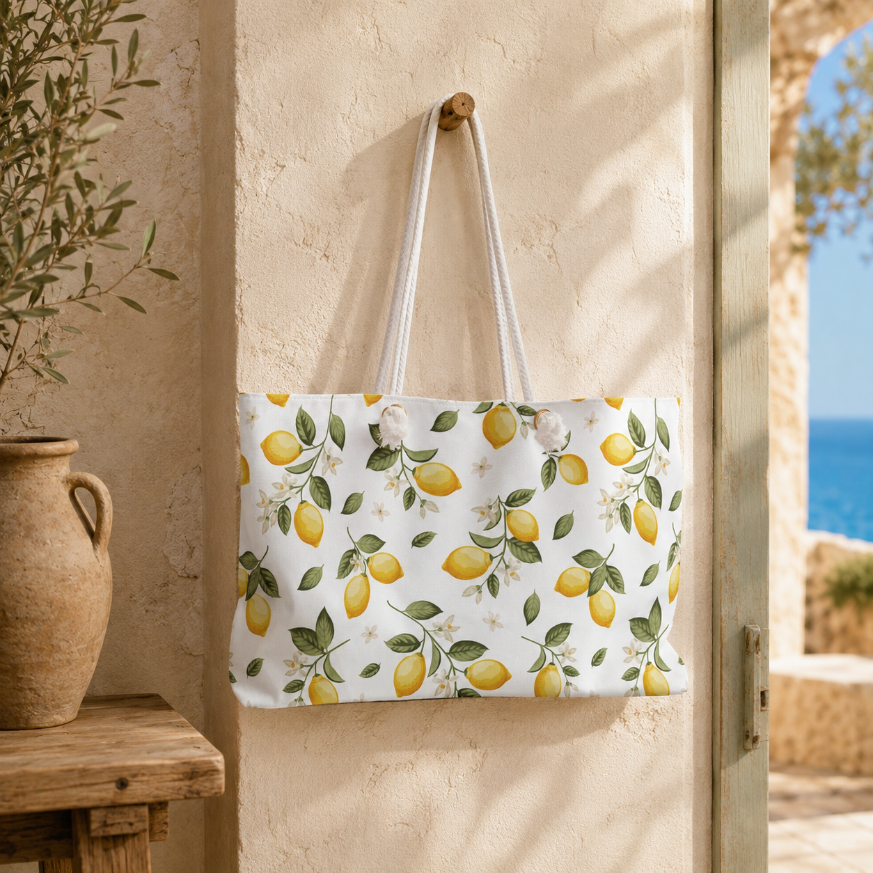 Lemon pattern weekender bag hanging on a patio with rope handles, styled beside terracotta planters in Mediterranean villa setting