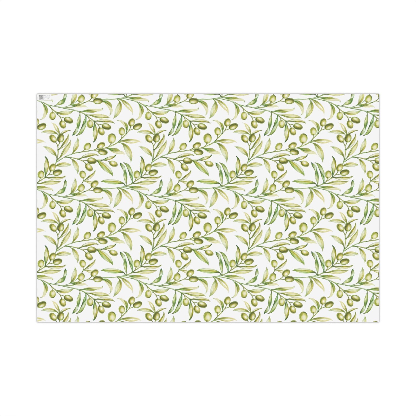 Flat lay of olive branch watercolor gift wrap paper pattern, 20 by 29 inch sheet