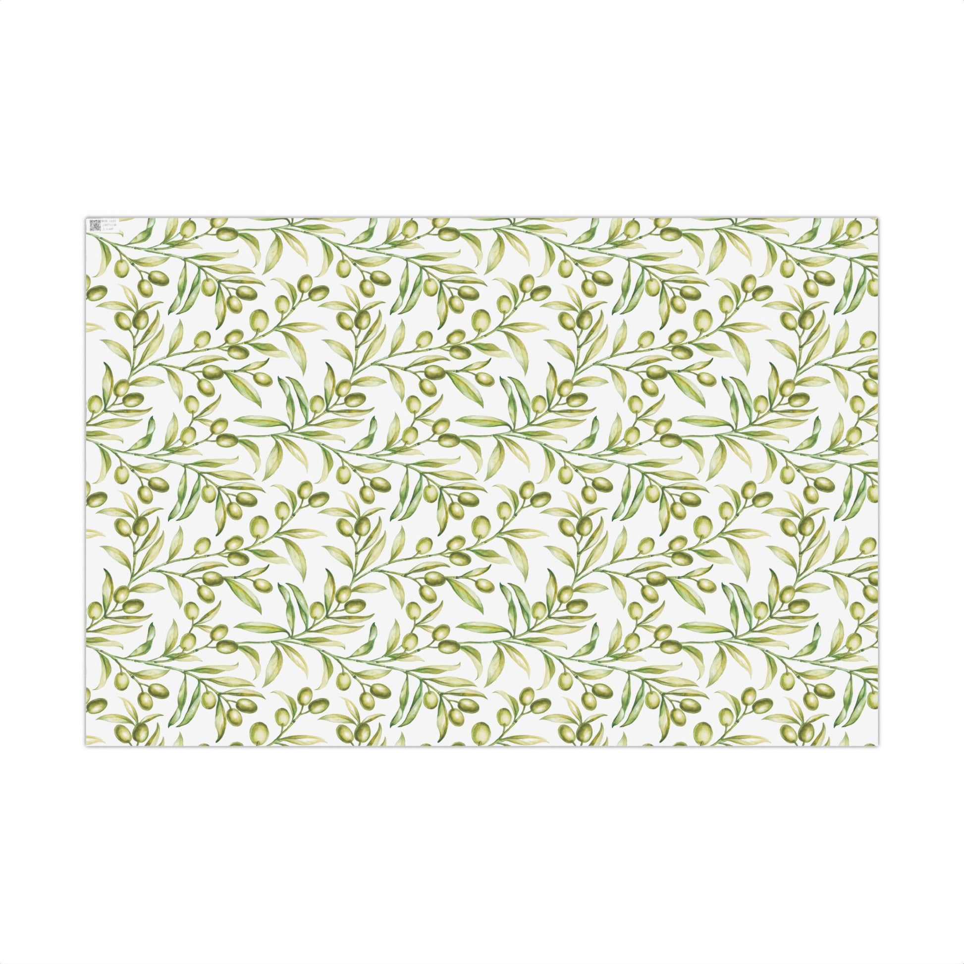 Flat lay of olive branch watercolor gift wrap paper pattern, 20 by 29 inch sheet