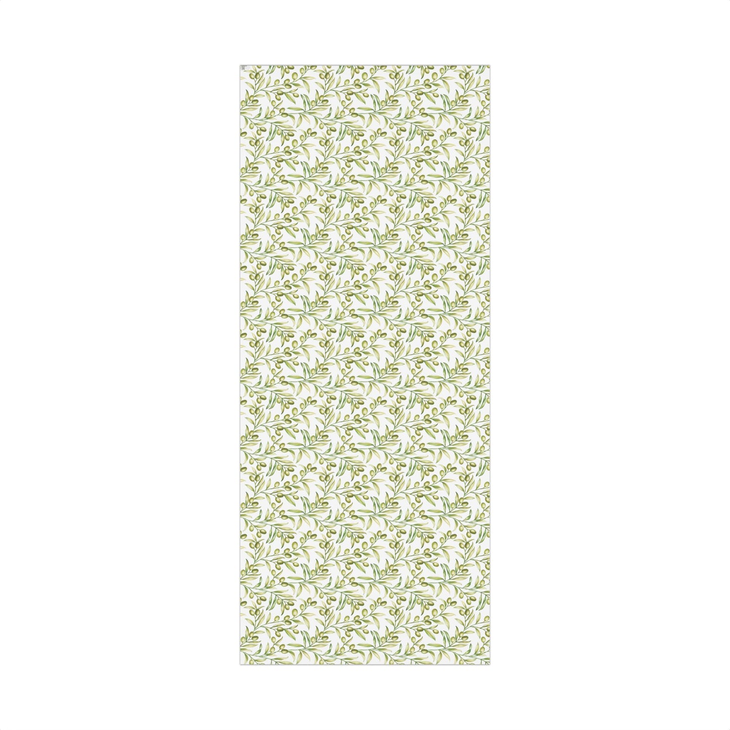 Flat lay of olive branch watercolor gift wrap paper pattern on a 29 by 72 inch roll