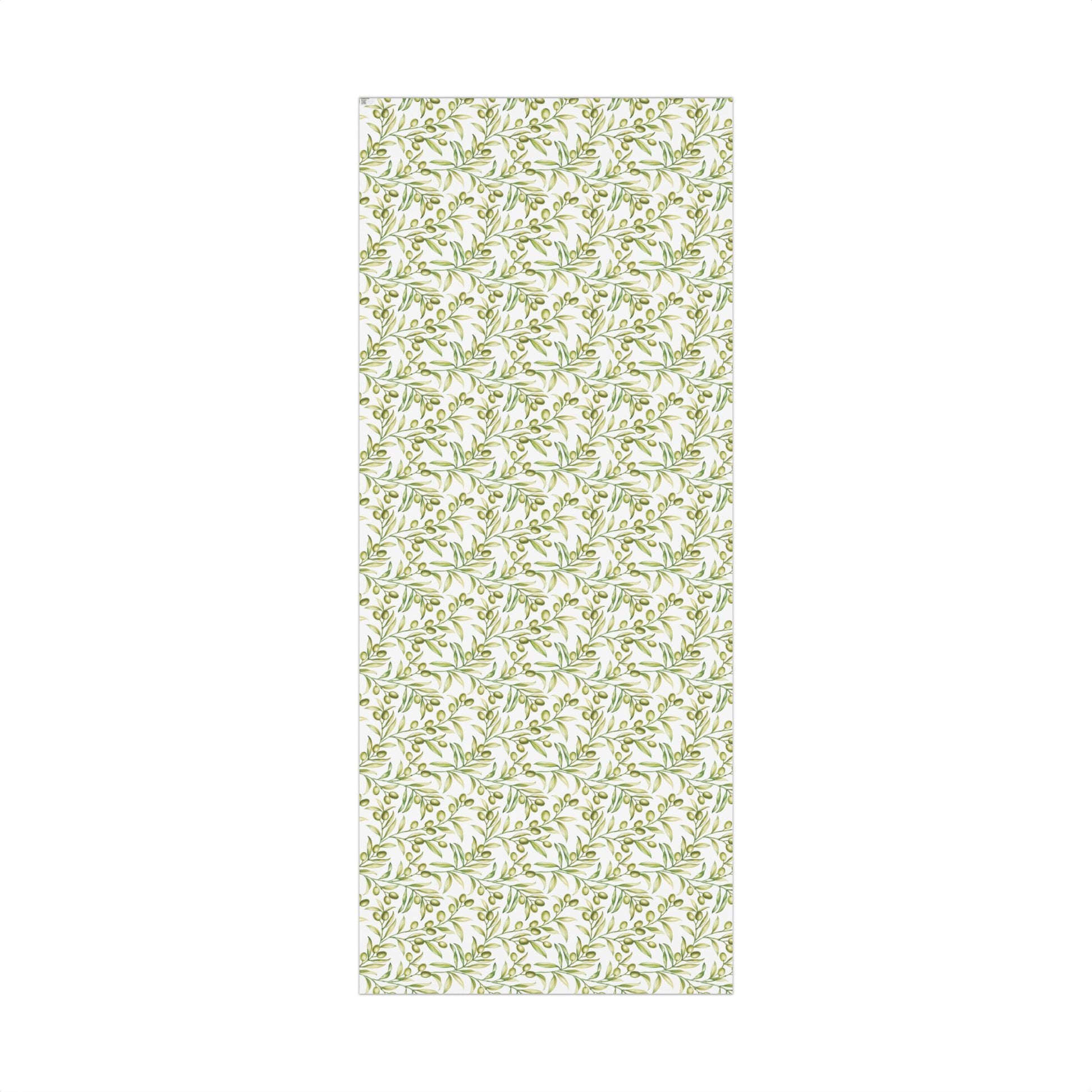 Flat lay of olive branch watercolor gift wrap paper pattern on a 29 by 72 inch roll