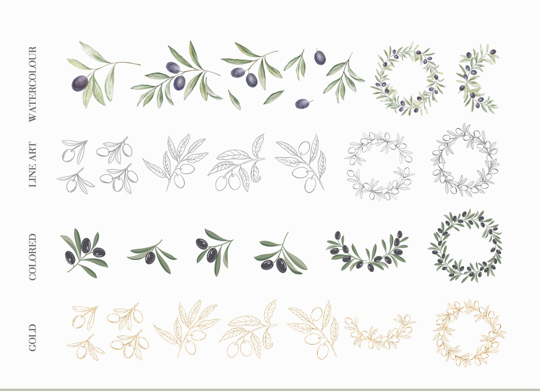 Grid preview of olive branch designs in watercolor, line art, colored, and gold styles included in the Olives Branch digital collection by Kotkoa