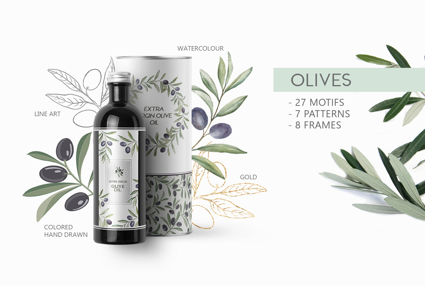 Branded product mockups featuring olive branch pattern design on extra virgin olive oil bottle and packaging created by Kotkoa