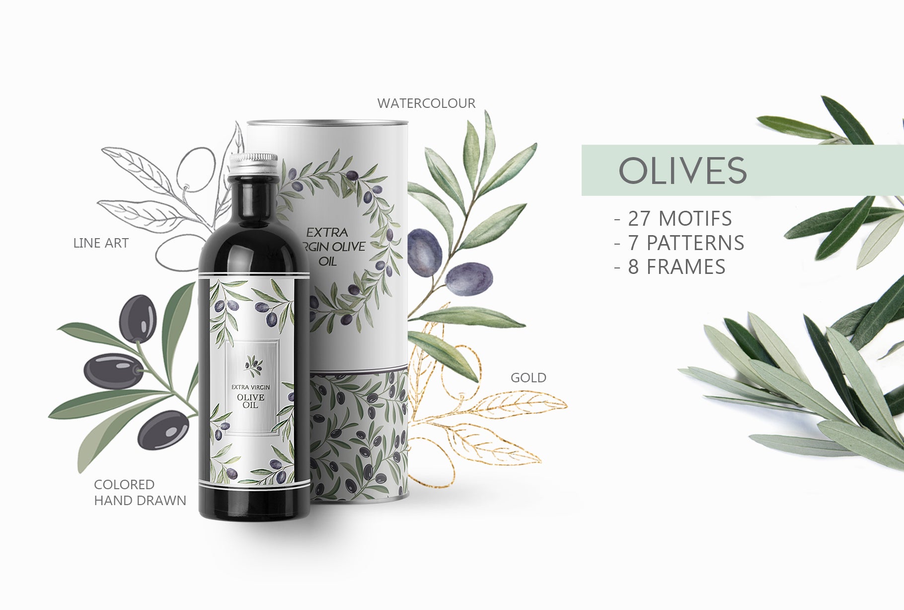 Branded product mockups featuring olive branch pattern design on extra virgin olive oil bottle and packaging created by Kotkoa