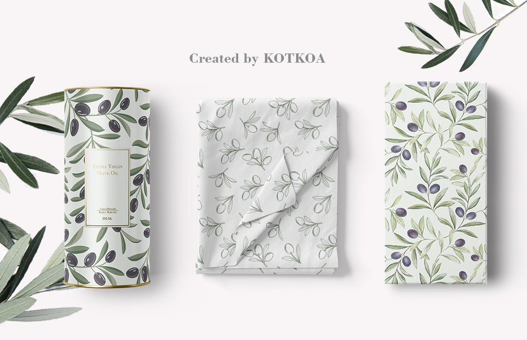 Close-up sample of the olive branch repeating pattern in watercolor style showing leaves, olives, and botanical line details
