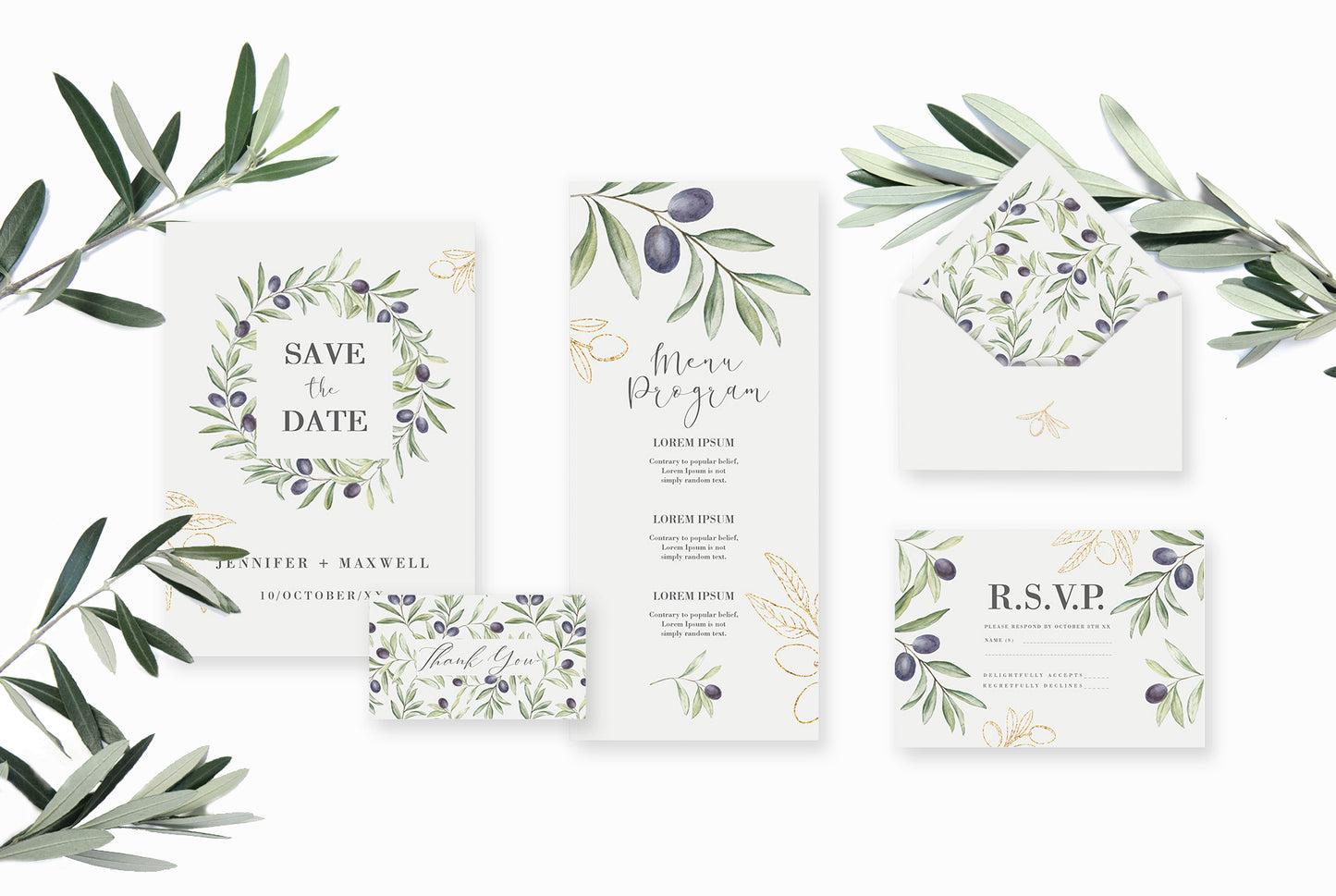 Wedding stationery mockup with olive branch frame pattern including save the date card, menu program, and RSVP card surrounded by fresh olive branches