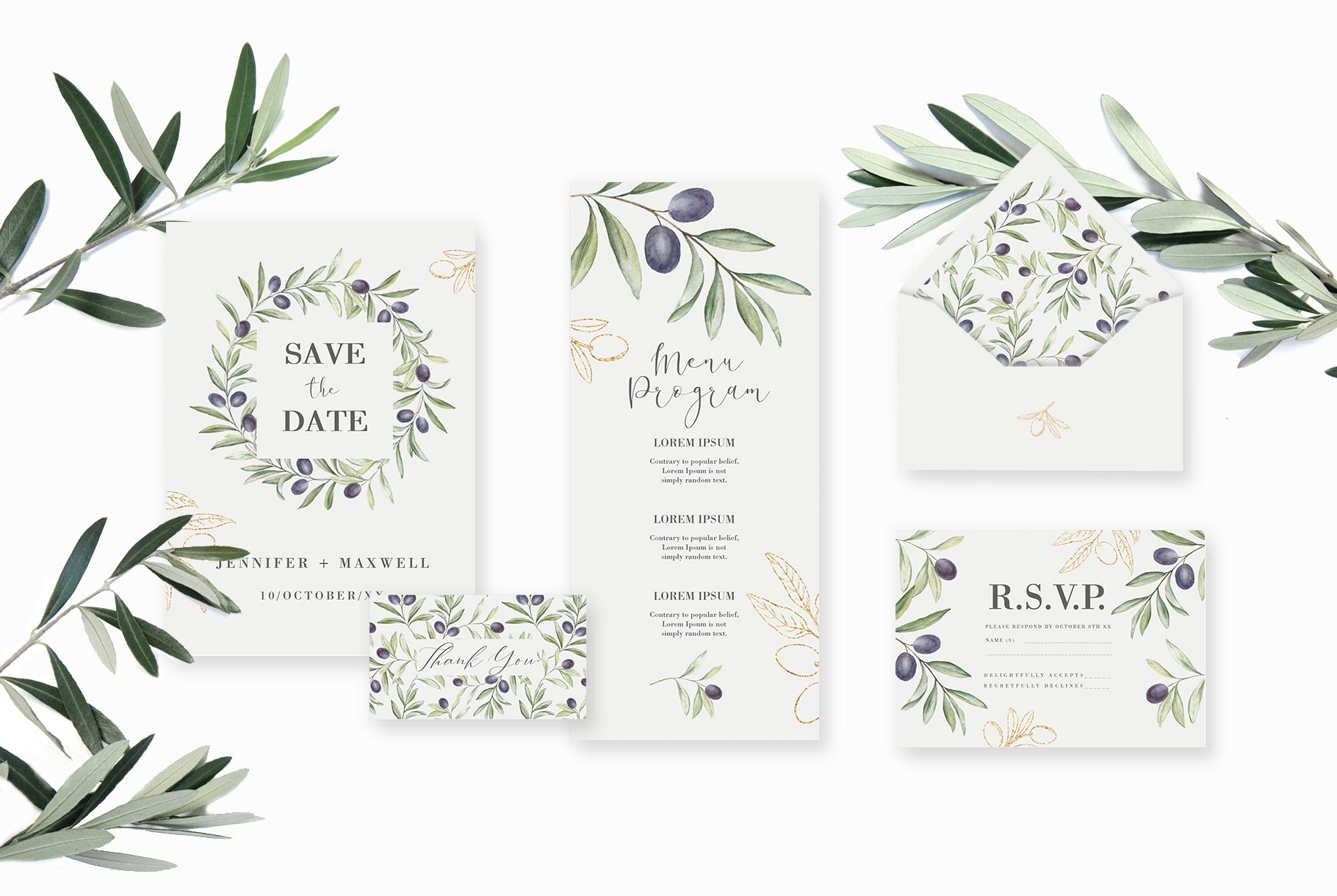 Wedding stationery mockup with olive branch frame pattern including save the date card, menu program, and RSVP card surrounded by fresh olive branches
