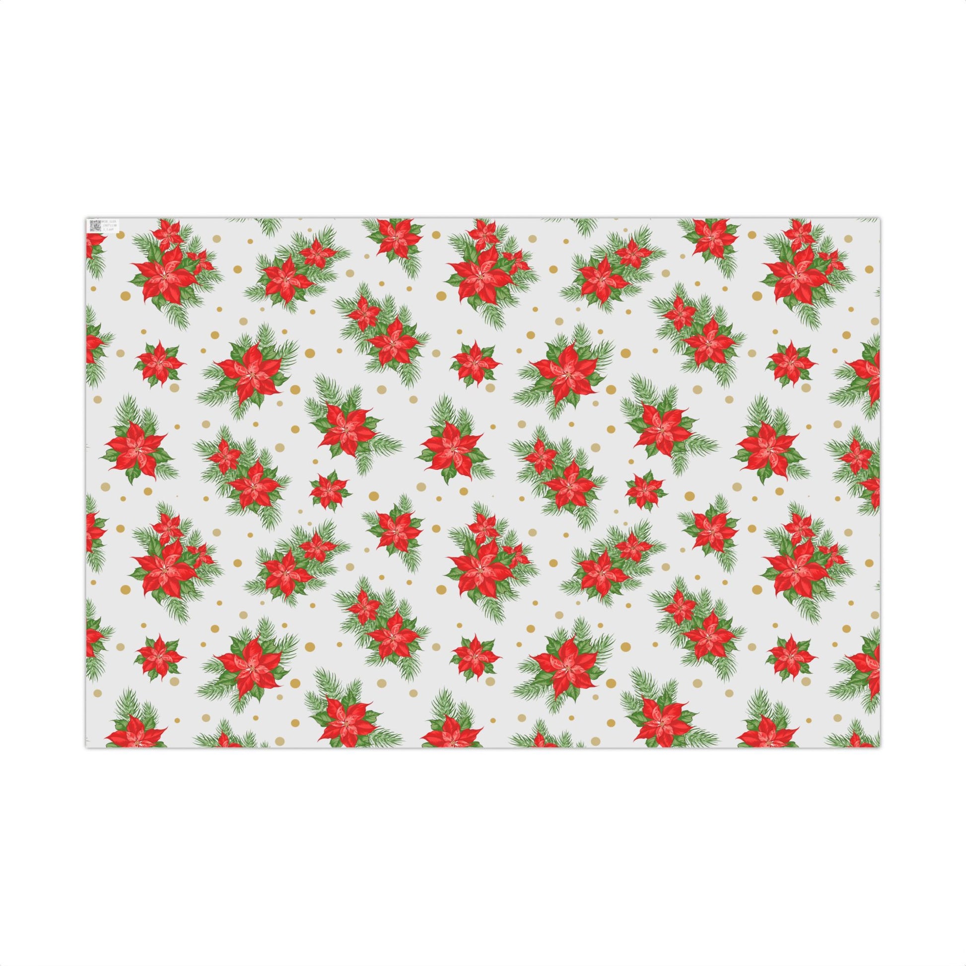 Flat lay of poinsettia and gold dot Christmas gift wrap paper pattern, 29 by 20 inch sheet