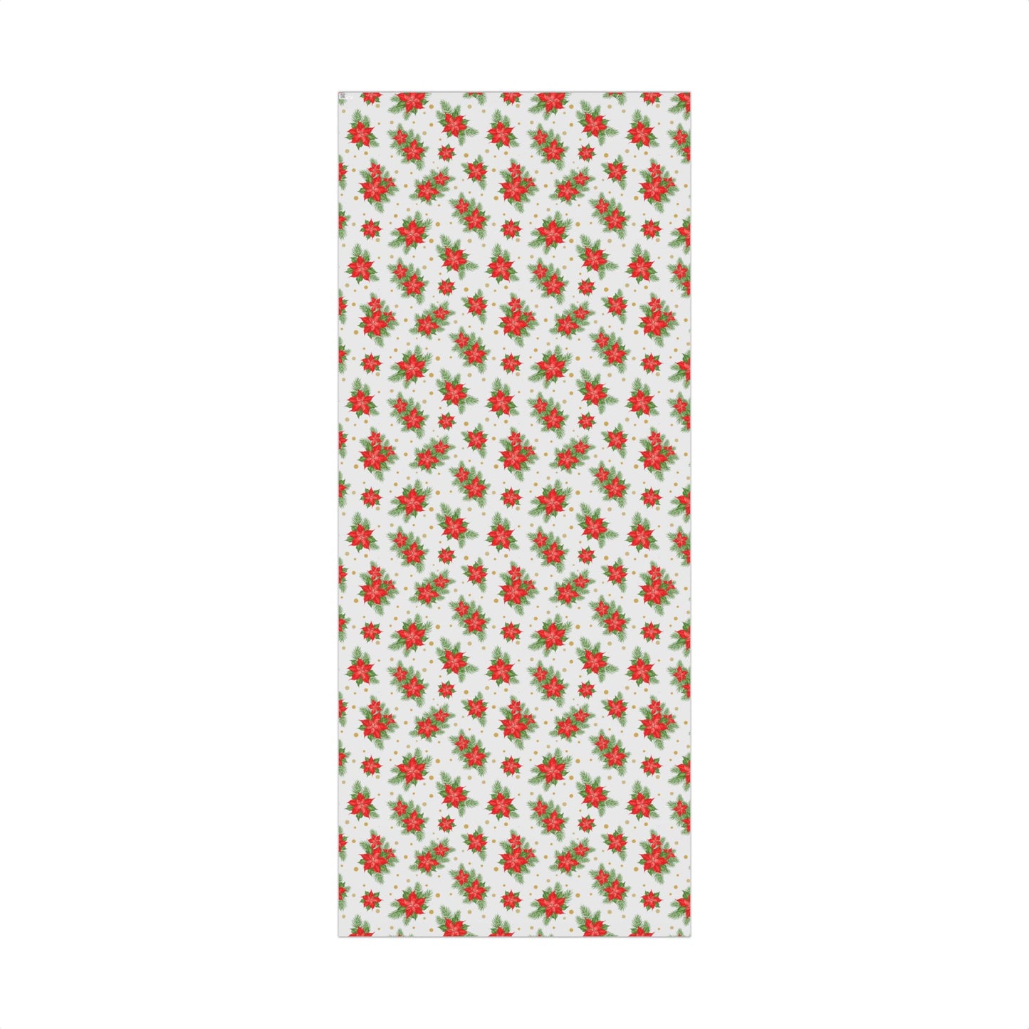Flat lay of poinsettia and gold dot Christmas gift wrap paper pattern on a 29 by 72 inch roll