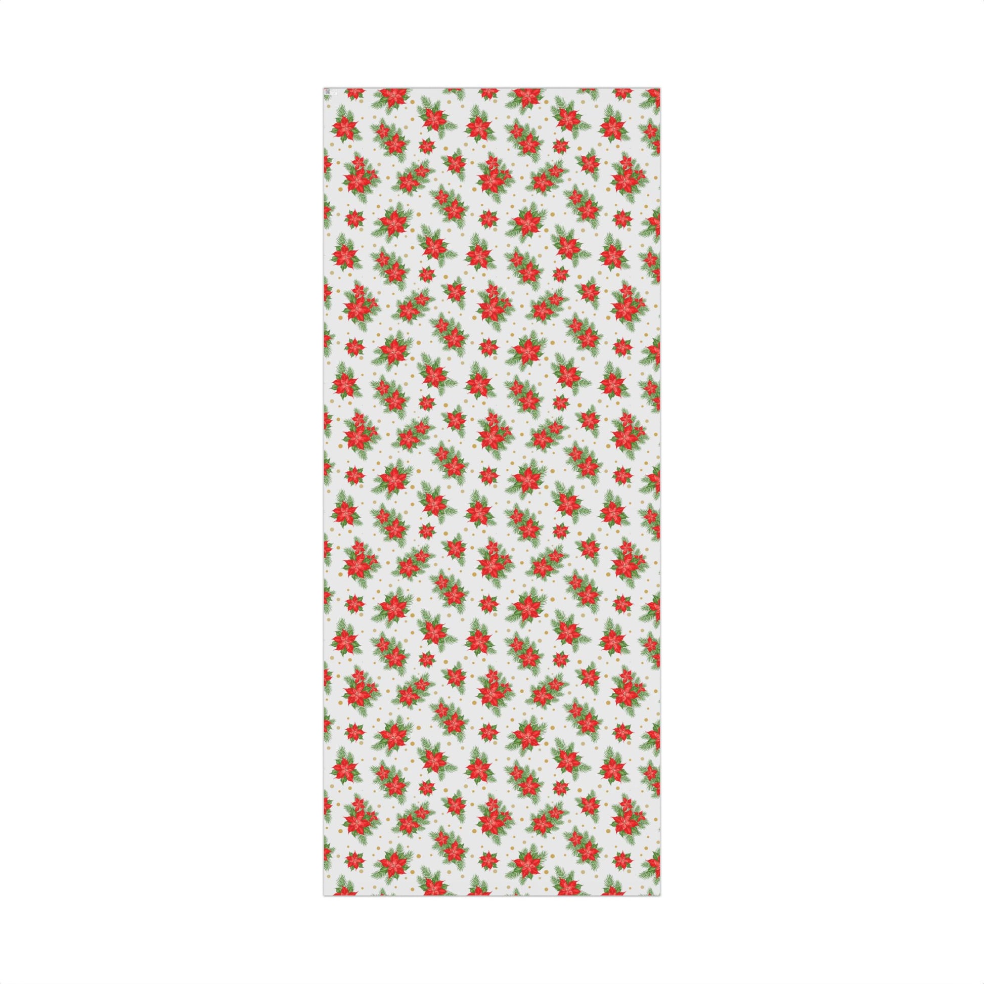 Flat lay of poinsettia and gold dot Christmas gift wrap paper pattern on a 29 by 72 inch roll