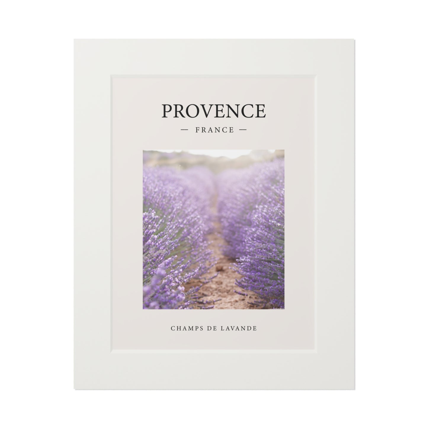 Provence lavender fine art print with a silver frame and cream passepartout mat showing a lavender field photograph with 'Provence France' and 'Champs de Lavande' text on a white background