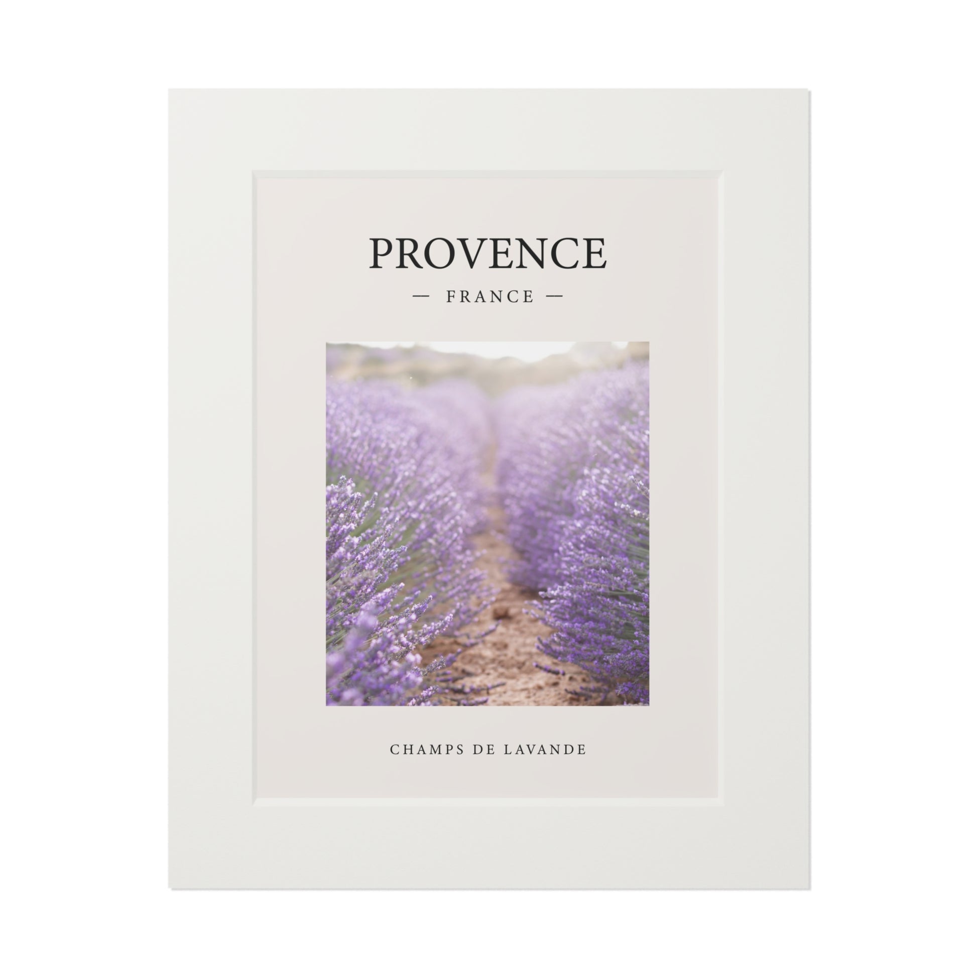 Provence lavender fine art print with a silver frame and cream passepartout mat showing a lavender field photograph with 'Provence France' and 'Champs de Lavande' text on a white background