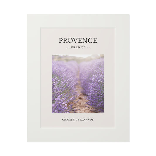 Provence lavender fine art print with a silver frame and cream passepartout mat showing a lavender field photograph with 'Provence France' and 'Champs de Lavande' text on a white background