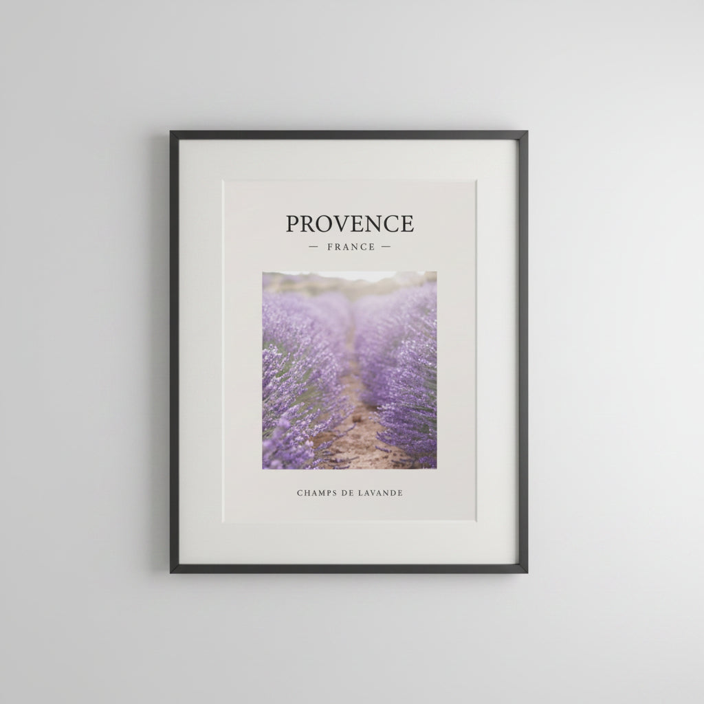 Provence lavender fine art print laid flat on a wooden desk surface with crafting tools including a pencil, ruler, screwdriver, and framed mockup in styled workspace