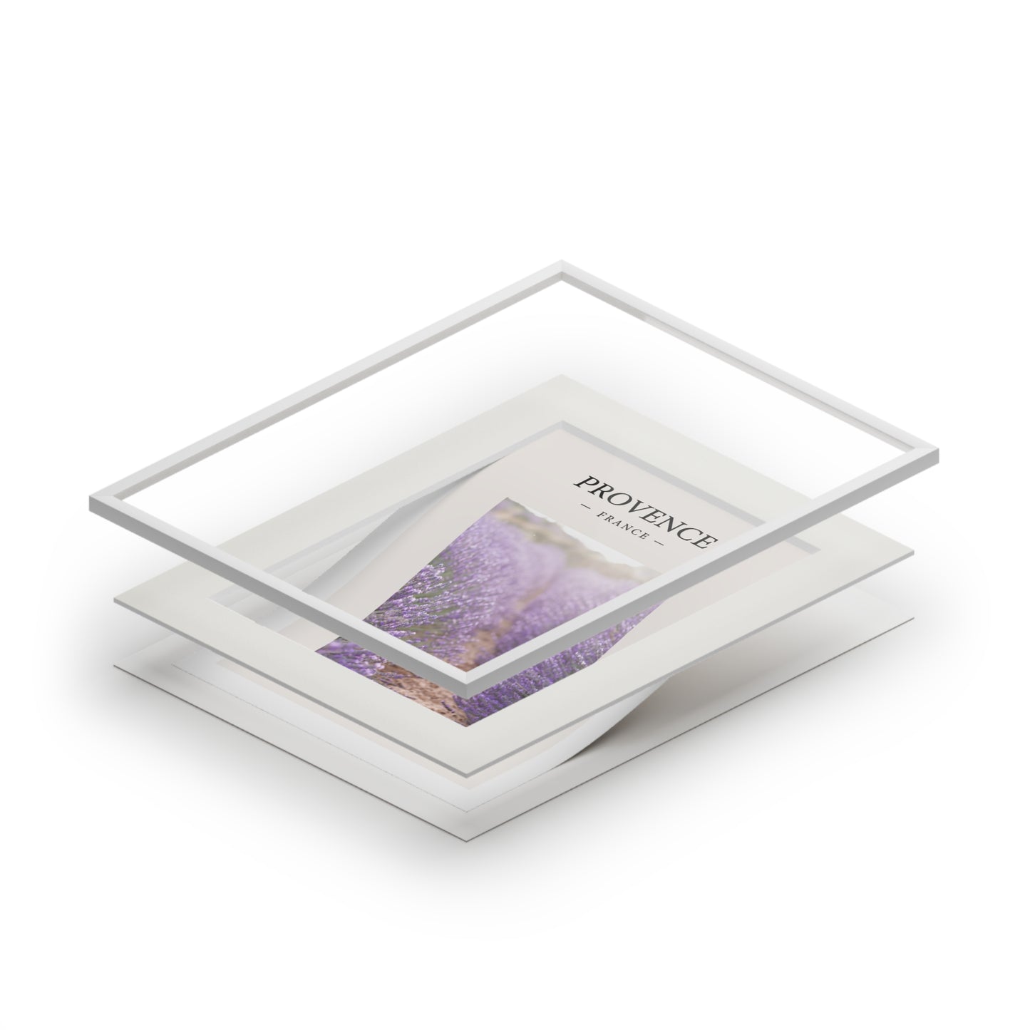 Isometric 3D view of the Provence lavender fine art print components showing the silver frame, cream passepartout mat, and print layers separated at angles