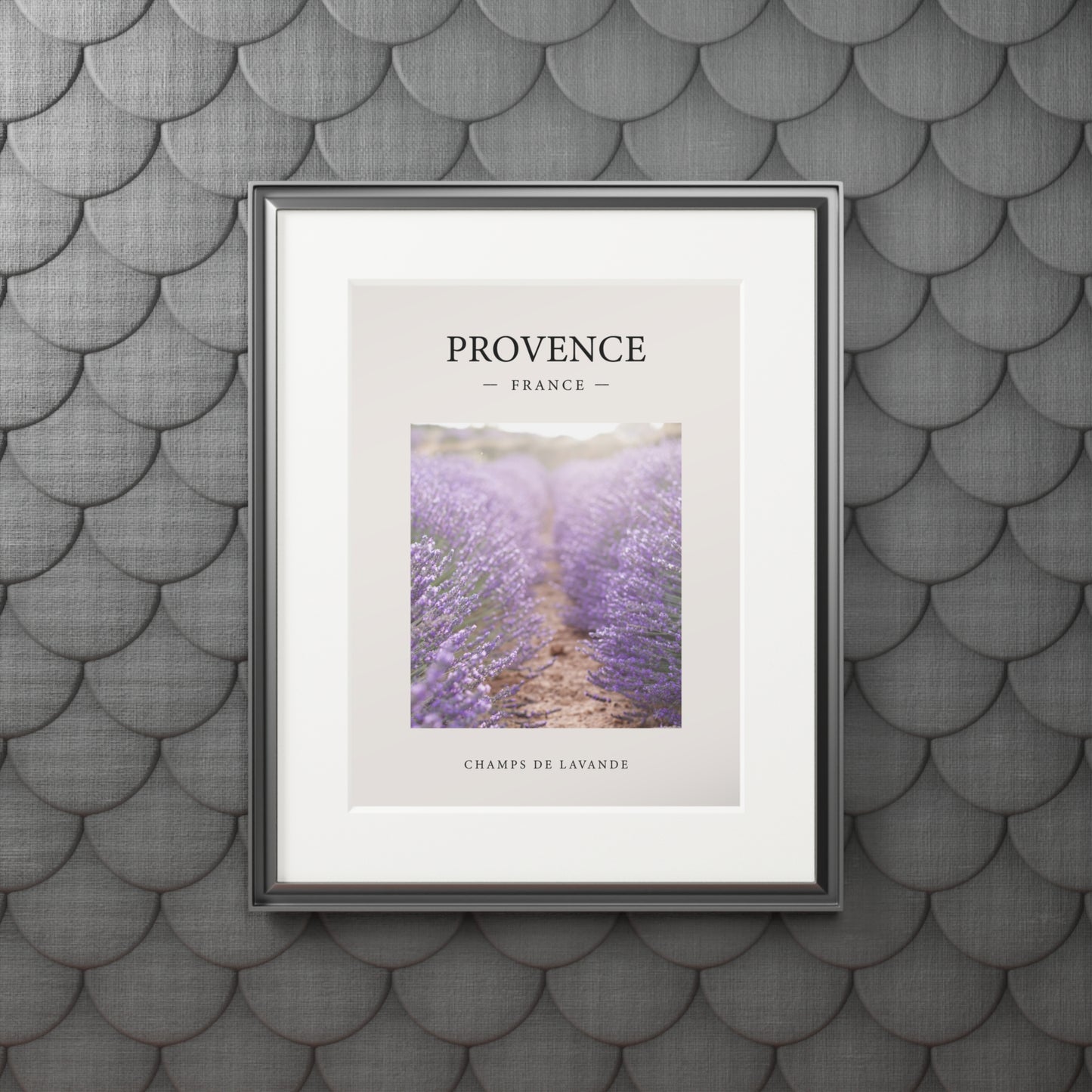 Provence lavender fine art print with passepartout frame hung on a wall with a textured gray-blue scalloped tile pattern background