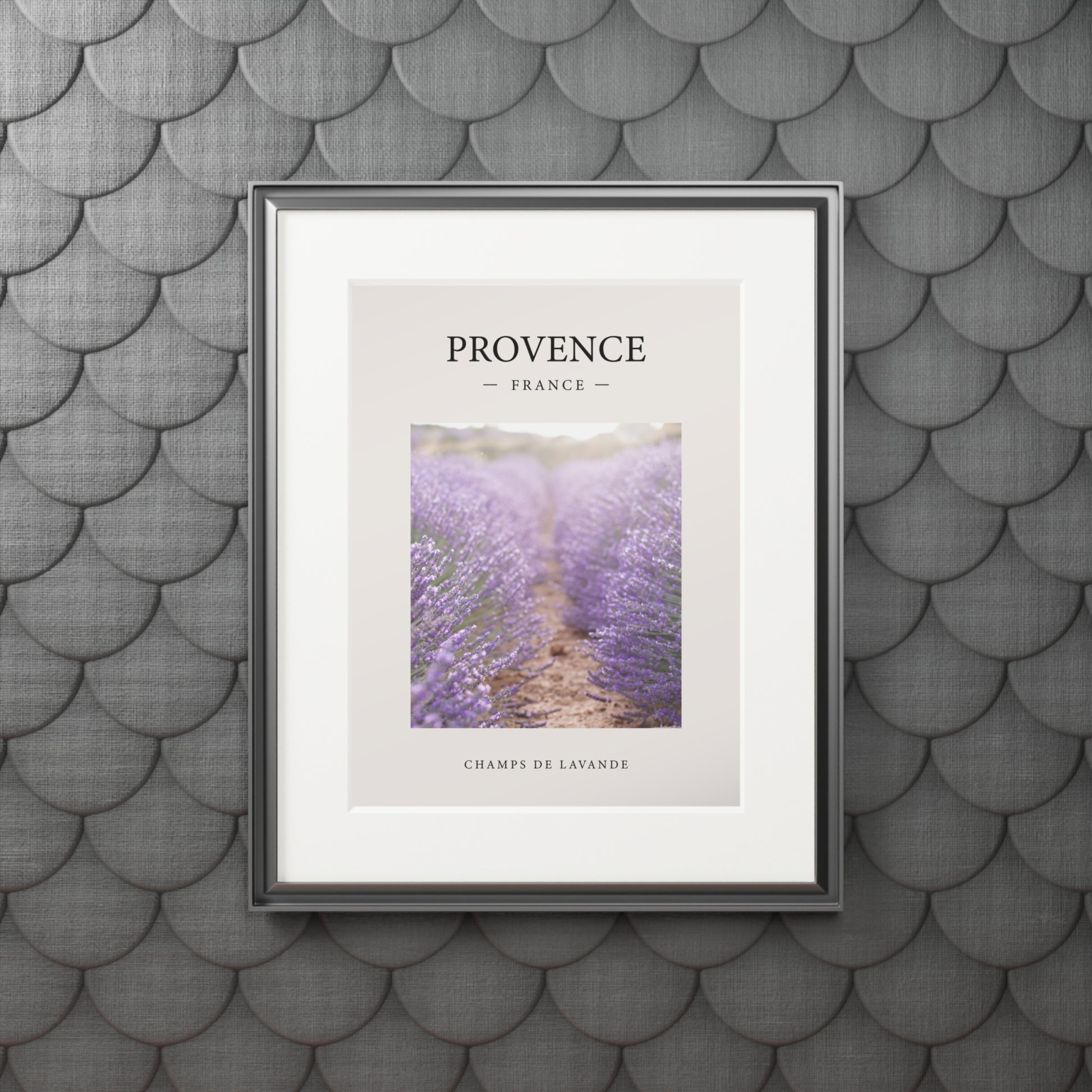 Provence lavender fine art print with passepartout frame hung on a wall with a textured gray-blue scalloped tile pattern background