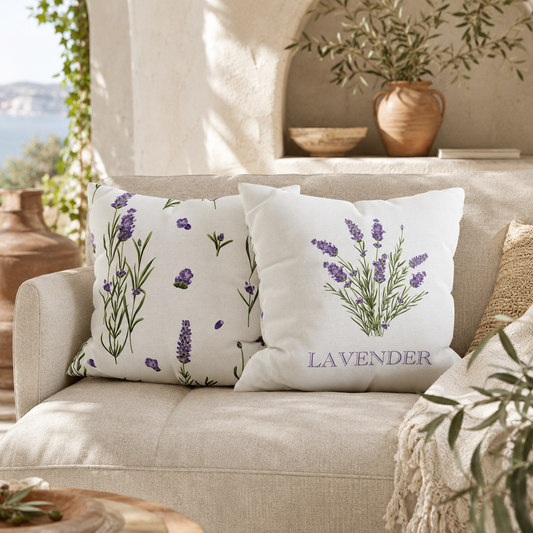 Provence lavender pillow covers styled on a neutral sofa in a Mediterranean living room