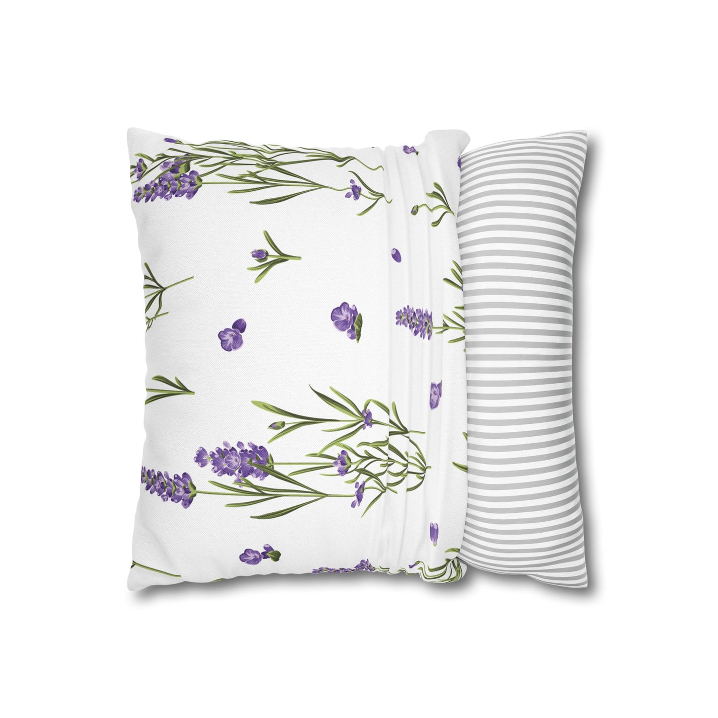 Two-sided lavender sprig pillow cover with striped reverse