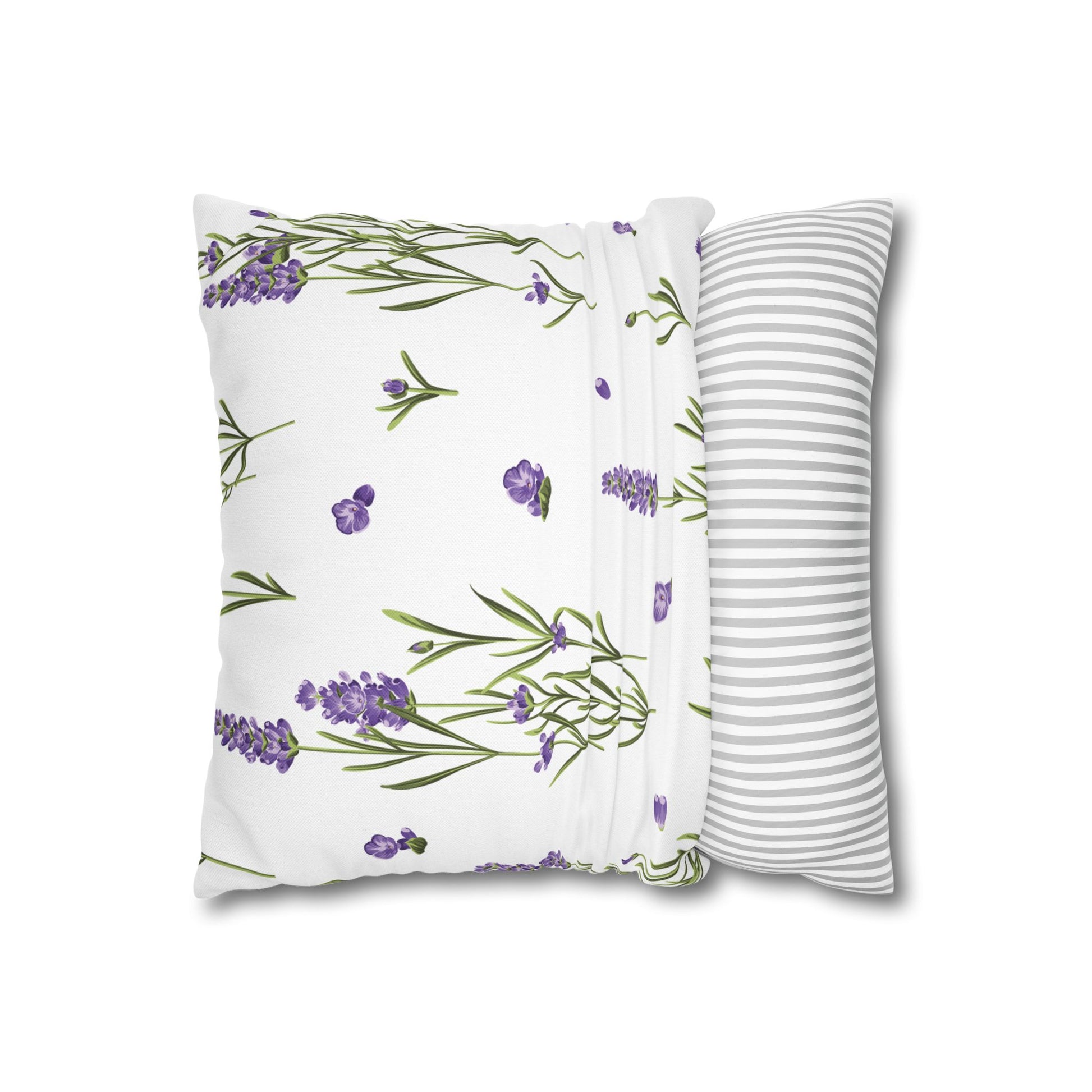Two-sided lavender sprig pillow cover with striped reverse
