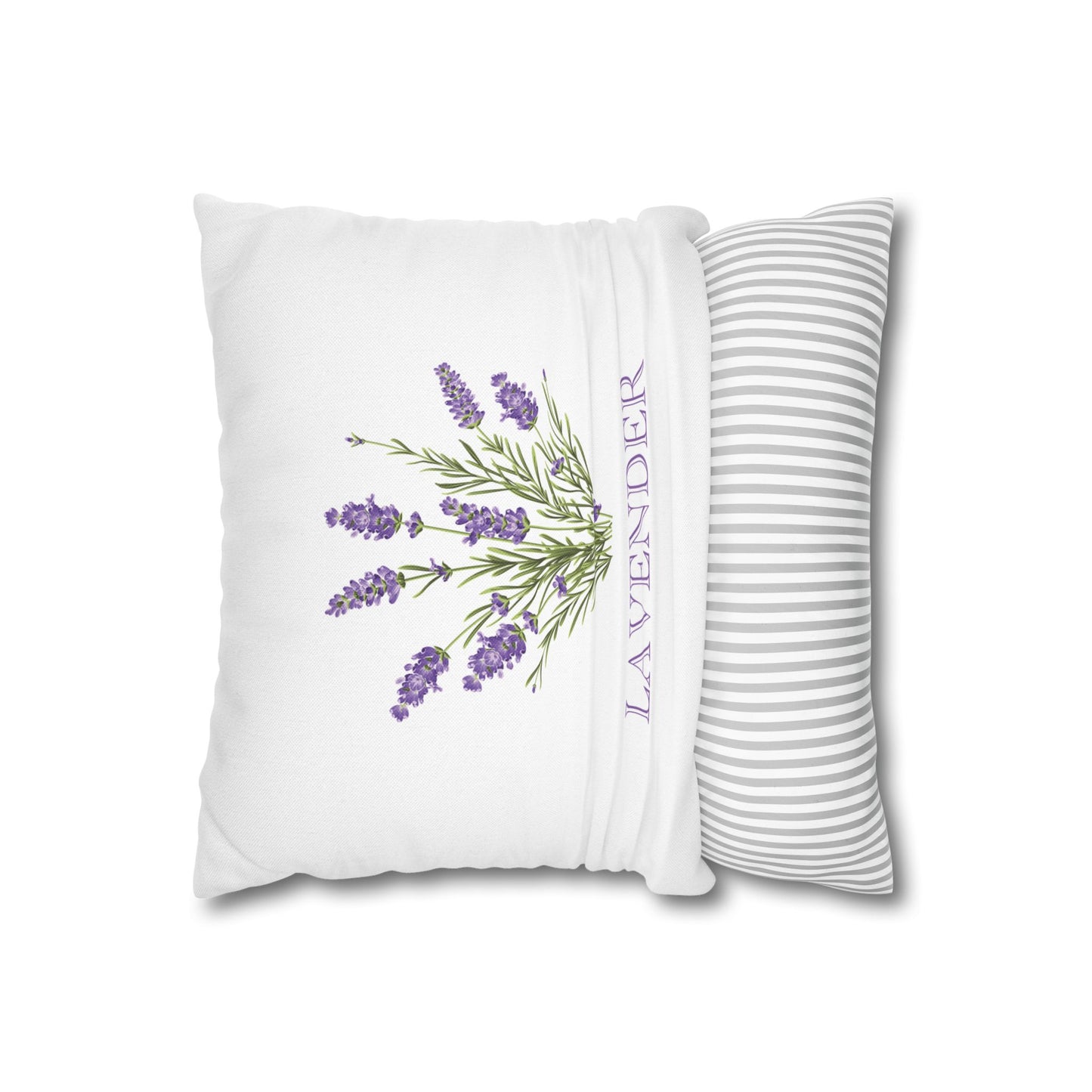 Two-sided Provence lavender pillow cover with floral bouquet front and striped reverse