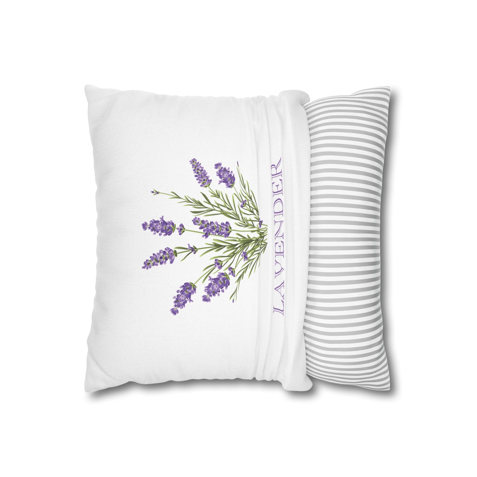 Two-sided Provence lavender pillow cover with floral bouquet front and striped reverse