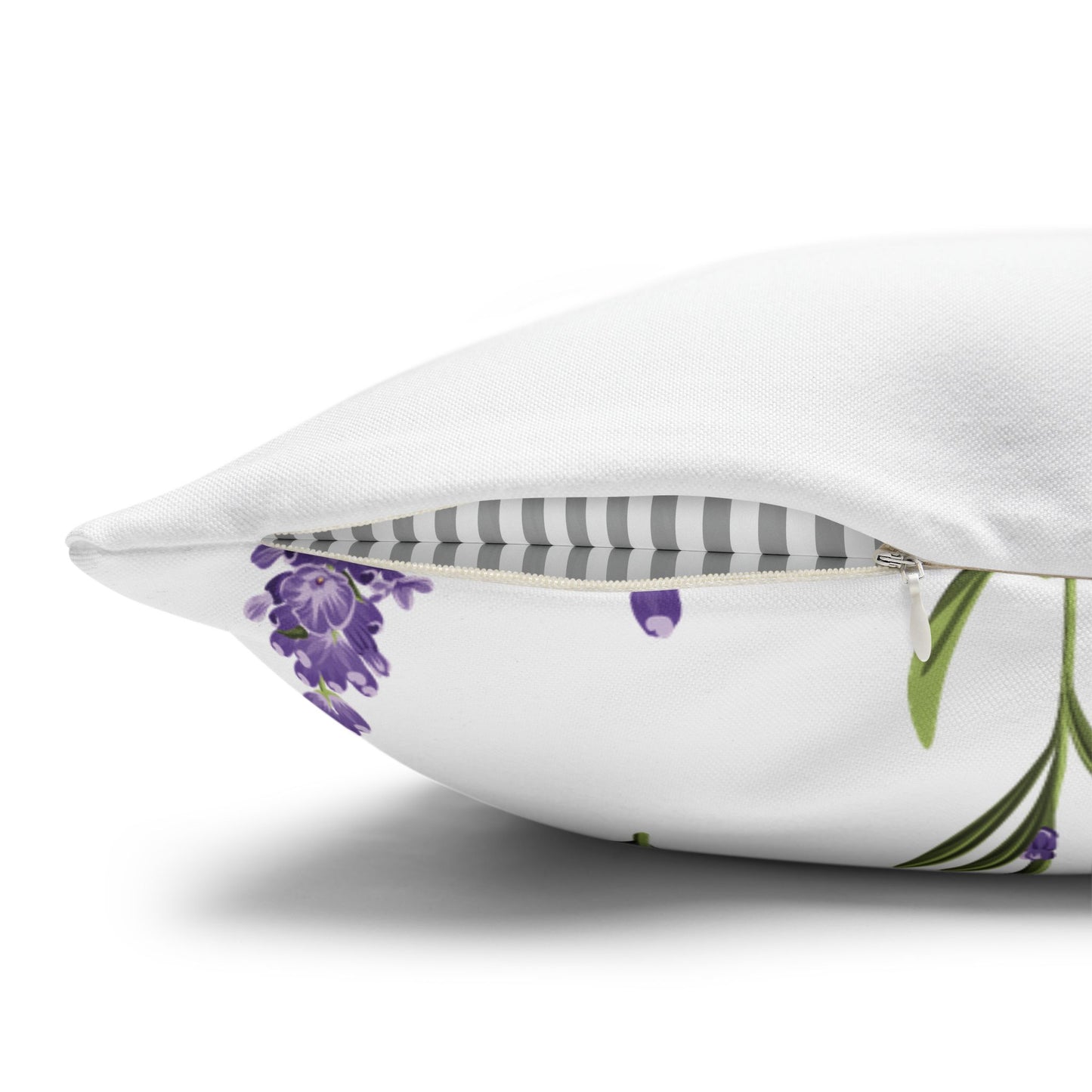 Close-up of the concealed zipper on a Provence lavender pillow cover