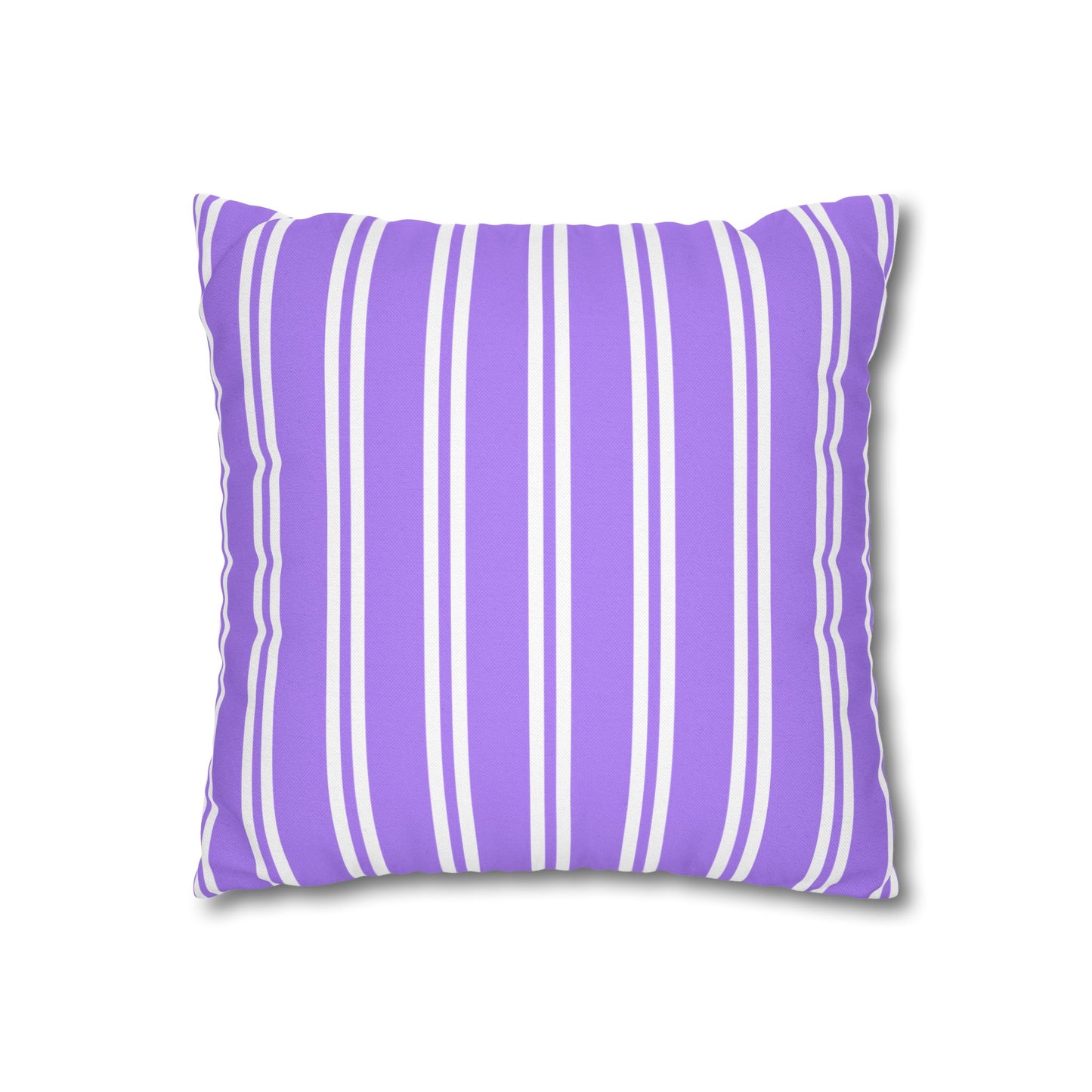 Flat front view of the decorative pillow with bold purple and white vertical stripe pattern