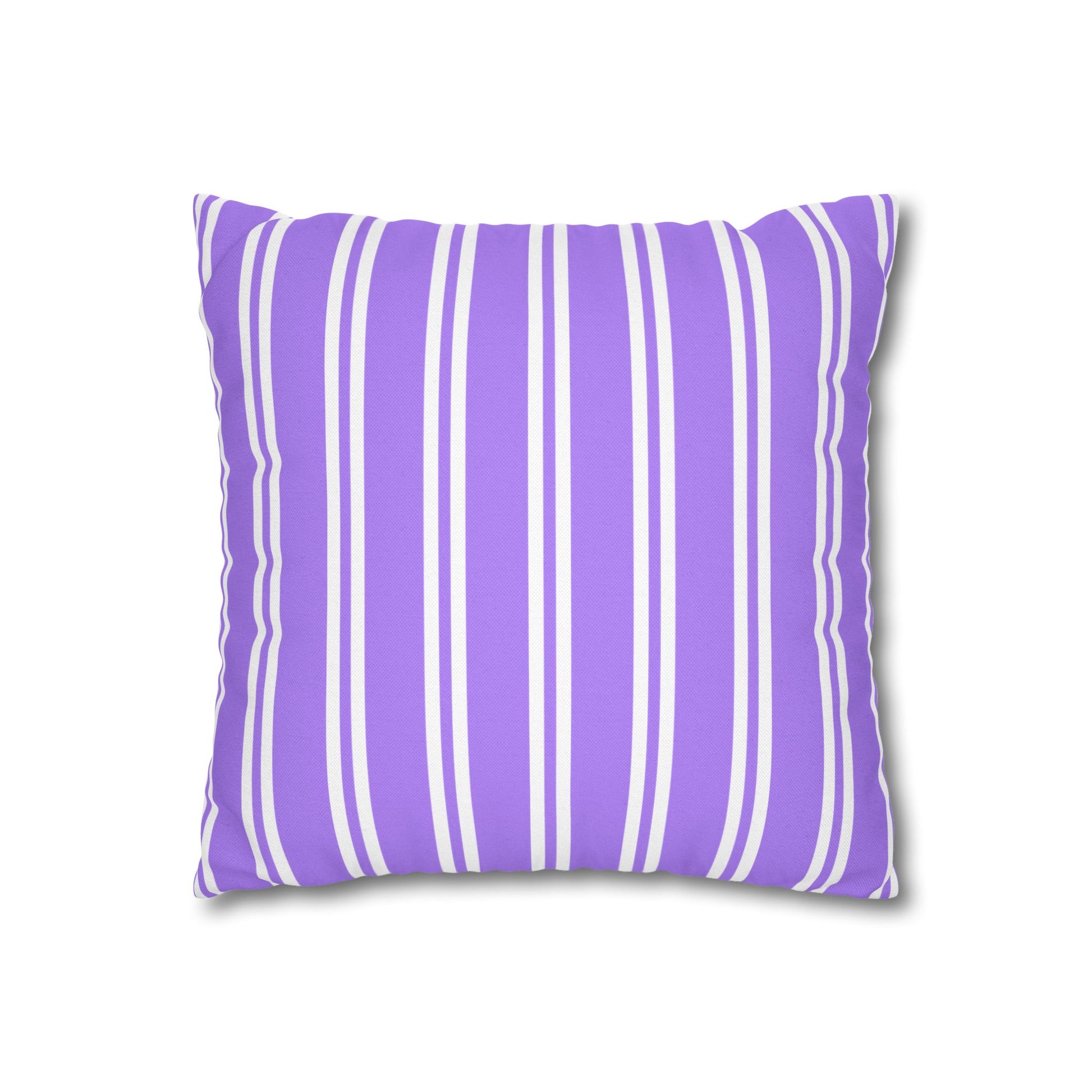 Flat front view of the decorative pillow with bold purple and white vertical stripe pattern