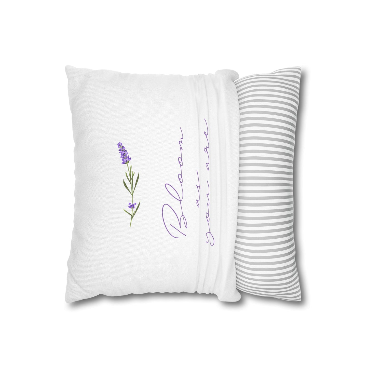 Two-sided flat view of the throw pillow showing the botanical text side and reverse gray striped back side
