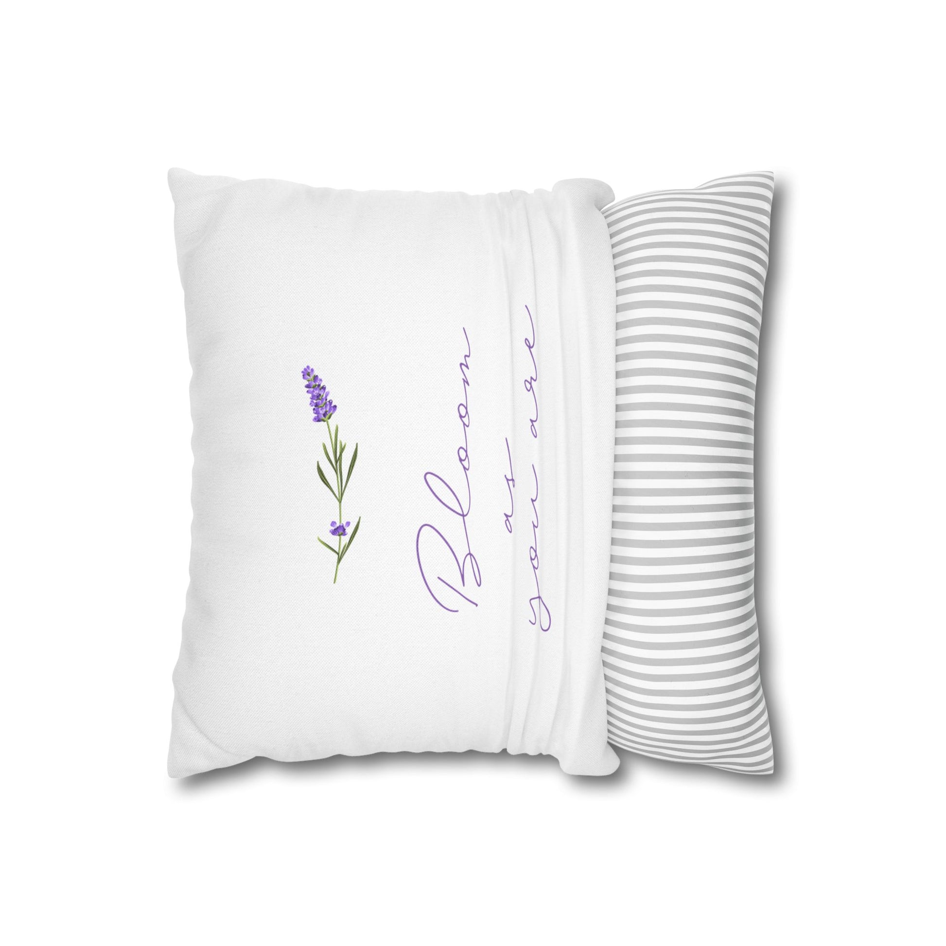 Two-sided flat view of the throw pillow showing the botanical text side and reverse gray striped back side