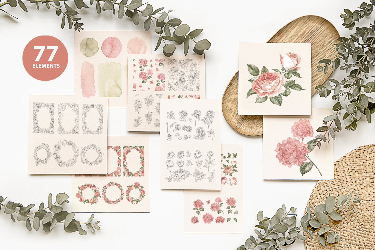Complete collection catalog sheet displaying all 77 design elements including watercolor swatches, individual rose and hydrangea illustrations, line art, decorative borders, and pattern variations arranged on flat lay background with dried greenery