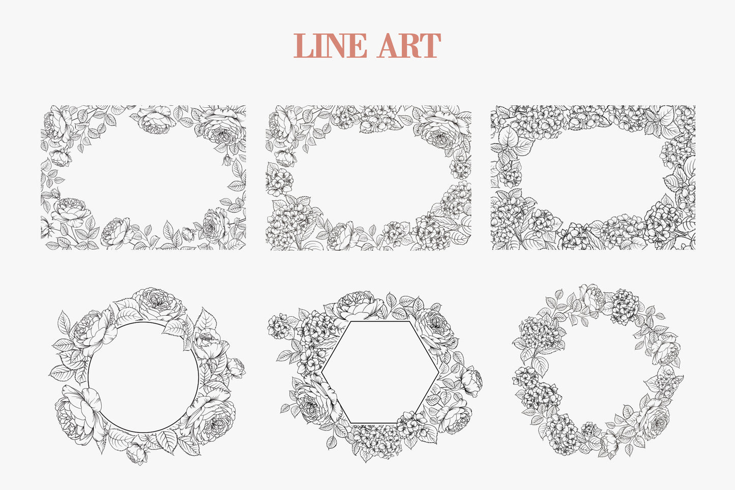 Line art decorative borders and frames page showing rectangular corner frames, circular wreaths, and geometric hexagonal frames composed of pen-drawn roses and hydrangea arrangements