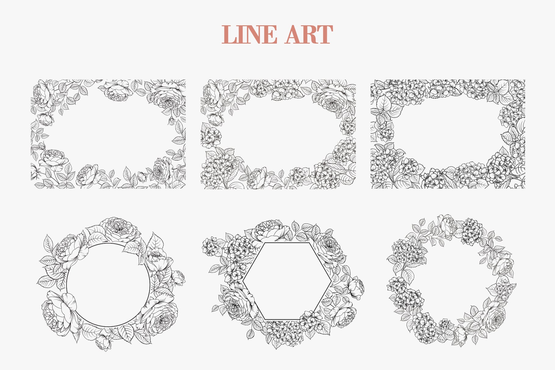 Line art decorative borders and frames page showing rectangular corner frames, circular wreaths, and geometric hexagonal frames composed of pen-drawn roses and hydrangea arrangements