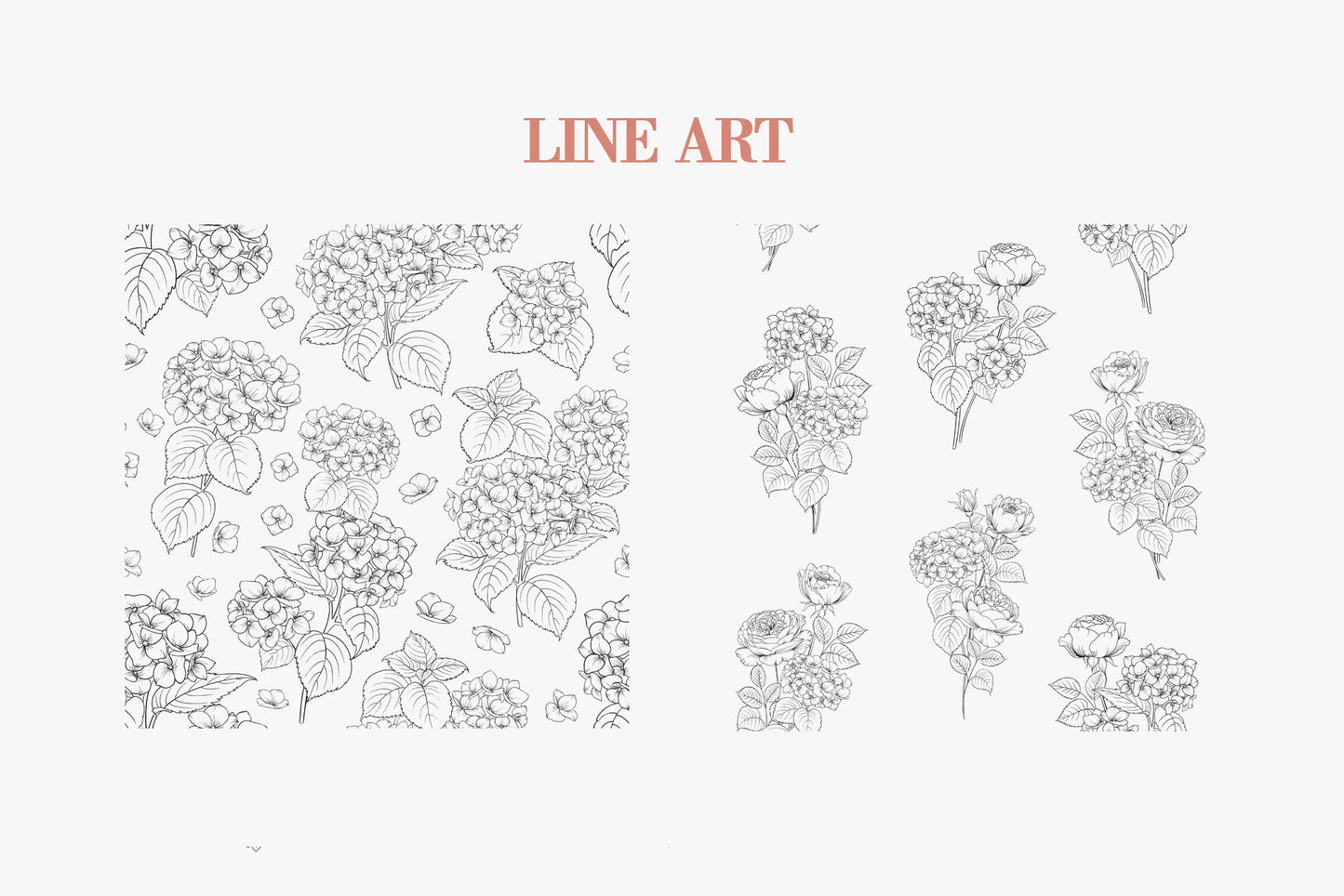 Line art pattern page featuring an all-over repeating grid of hydrangea clusters and scattered rose blooms on the left side, with individual vertical botanical sprigs of roses and hydrangeas on the right