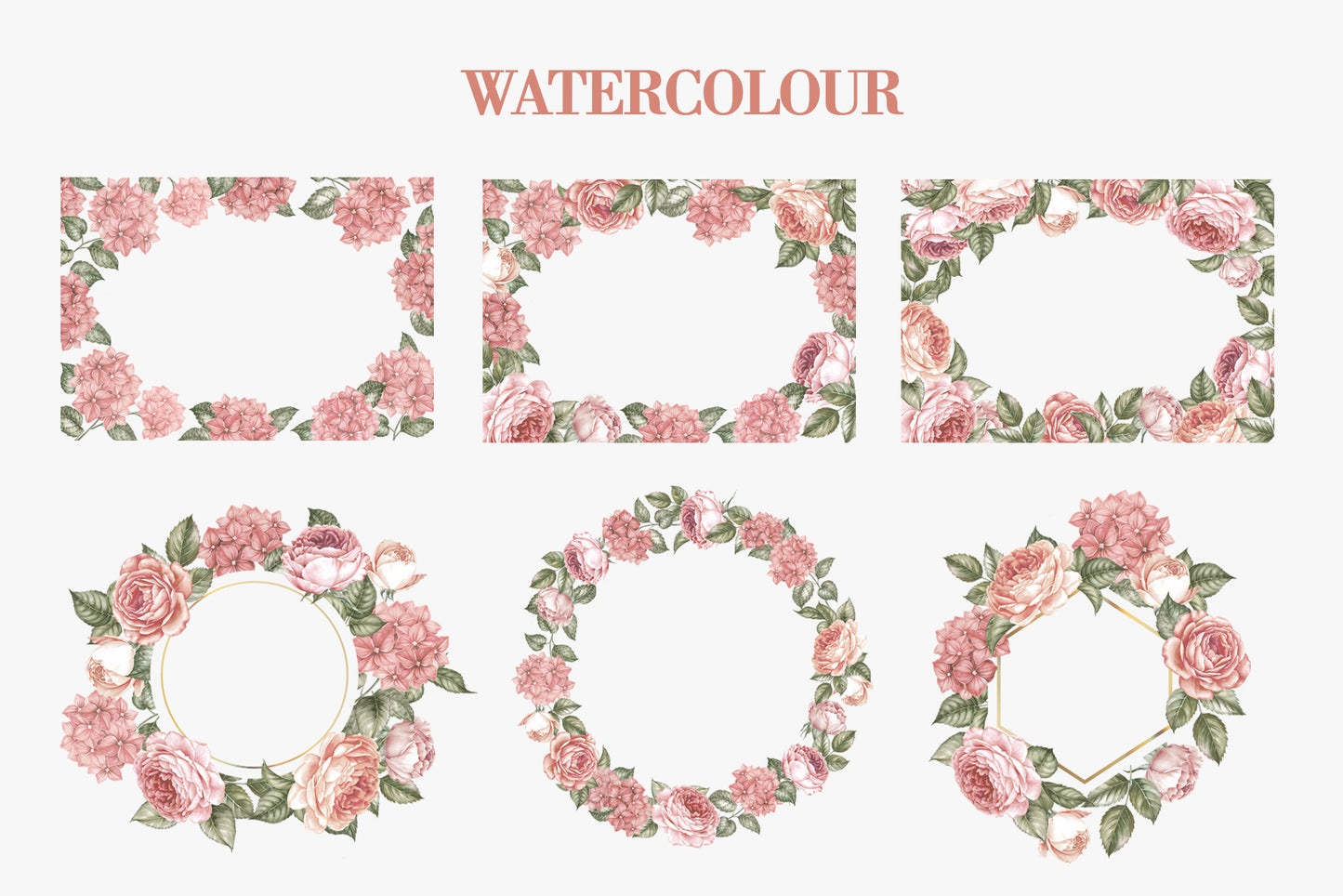 Watercolor decorative corner and frame variations page displaying multiple rectangular corner borders and geometric circular and hexagonal wreath frames filled with rose and hydrangea designs