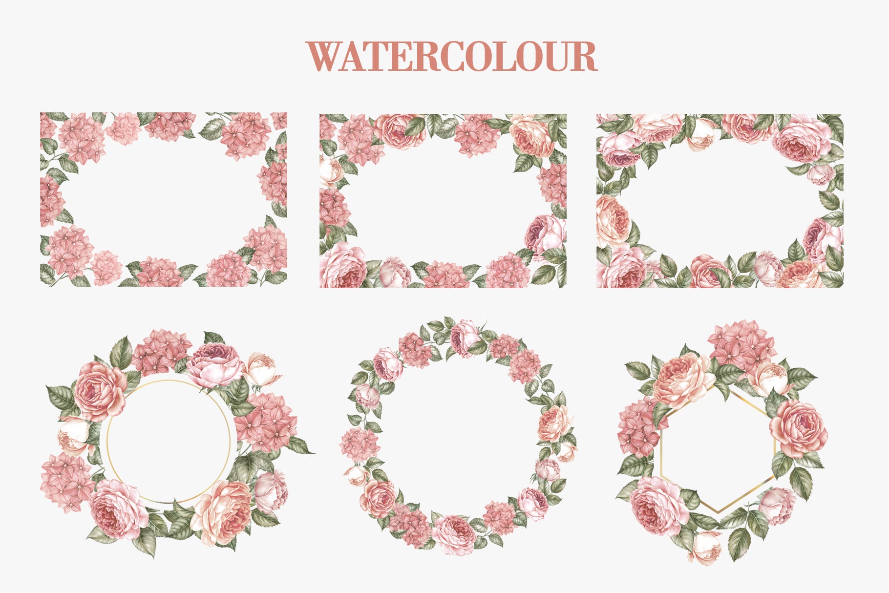 Watercolor decorative borders and frames page featuring rectangular corner designs and circular wreaths made with roses and hydrangeas with leaves, creating multiple ornamental border options