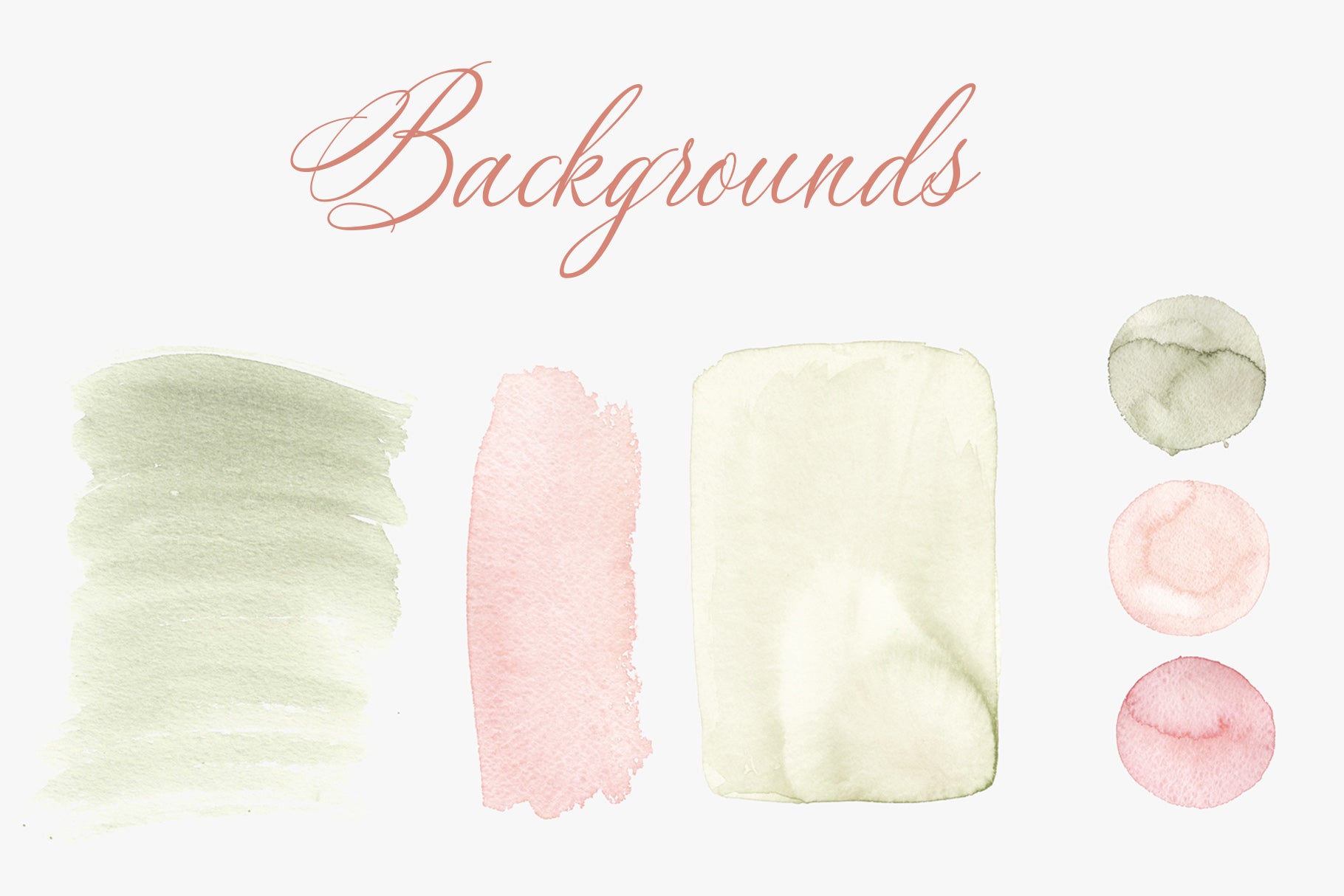 Watercolor paint swatch and texture backgrounds page showing loose brushstrokes and color washes in soft sage green, blush pink, pale cream, and muted rose tones for design backgrounds